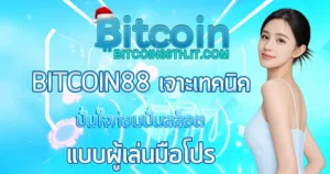 Bitcoin88 แบนเนอร์โทนฟ้าโปร่ง พร้อมผู้หญิงชุดสีฟ้าและข้อความโปรโมชั่นเด่นกลางภาพ โลโก้ Bitcoin88 ด้านบน สไตล์เว็บคาสิโนออนไลน์สายคริปโต