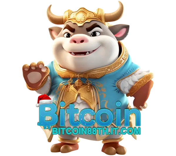 Bitcoin88 ภาพตัวการ์ตูนวัวสวมชุดทองท่าทางร่าเริง พร้อมโลโก้ Bitcoin88 ด้านหน้า โทนคริปโตผสมสล็อตคาสิโนออนไลน์