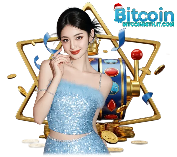 Bitcoin88 ภาพผู้หญิงชุดสีฟ้ายืนหน้ากองชิปคาสิโน พร้อมโลโก้ Bitcoin88 ด้านบน โทนฟ้าแดงสไตล์เว็บคาสิโนออนไลน์