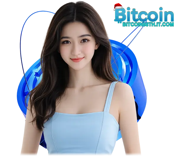 Bitcoin88 ภาพผู้หญิงชุดสีฟ้าพื้นหลังลวดลายสีน้ำเงิน พร้อมโลโก้ Bitcoin88 ด้านบน โทนคริปโตทันสมัย