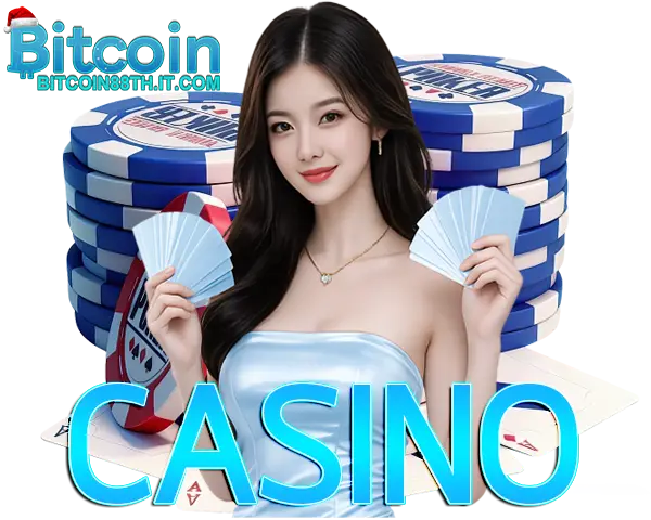 Bitcoin88 ภาพผู้หญิงถือไพ่หน้ากองชิปคาสิโน พร้อมตัวอักษร CASINO สีฟ้าและโลโก้ Bitcoin88 ด้านบน โทนคริปโตคาสิโนออนไลน์