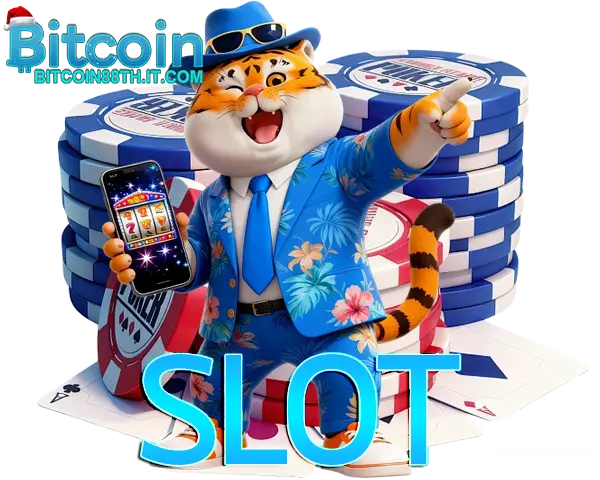 Bitcoin88 ภาพการ์ตูนชายสวมสูทสีน้ำเงินถือปืนเงิน ล้อมรอบด้วยชิปคาสิโน พร้อมตัวอักษร SLOT สีฟ้า โทนคริปโตคาสิโนออนไลน์