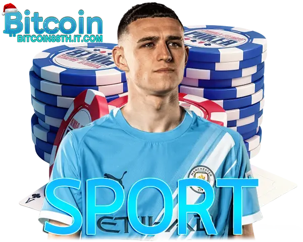 Bitcoin88 ภาพหมวดกีฬา ชายสวมเสื้อสีฟ้าพร้อมตัวอักษร SPORT สีฟ้าเด่น ด้านหลังเป็นกองชิปคาสิโน โทนคริปโตสไตล์เว็บเดิมพันออนไลน์